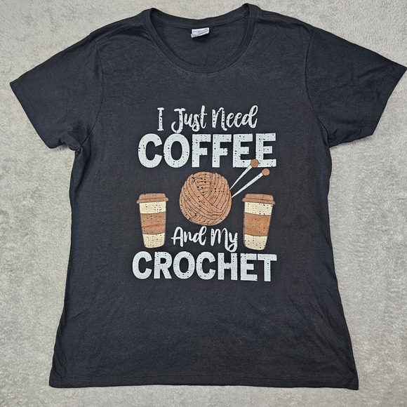 Port & Company Tops - Coffee Crochet Tee 🧶 Women's Large* Black Cotton Cozy Crafter Yarn Lover READ‎